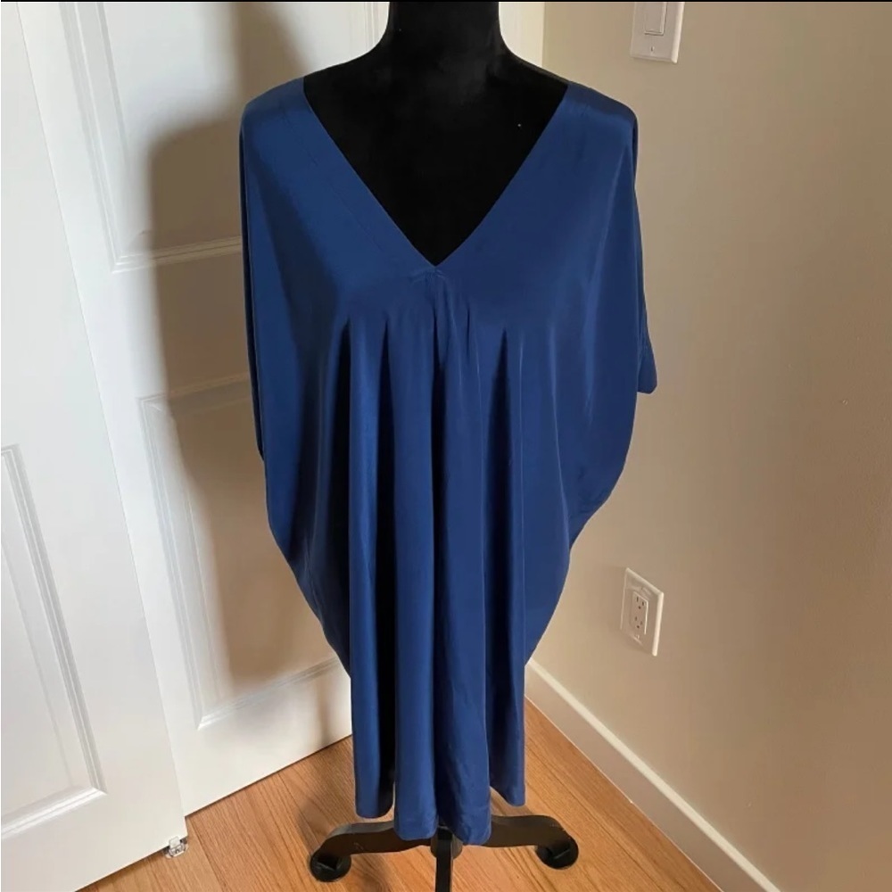 Vince 100% Silk Blue V-Neck Wide Sleeve Mini Length Dress EUC Size Small